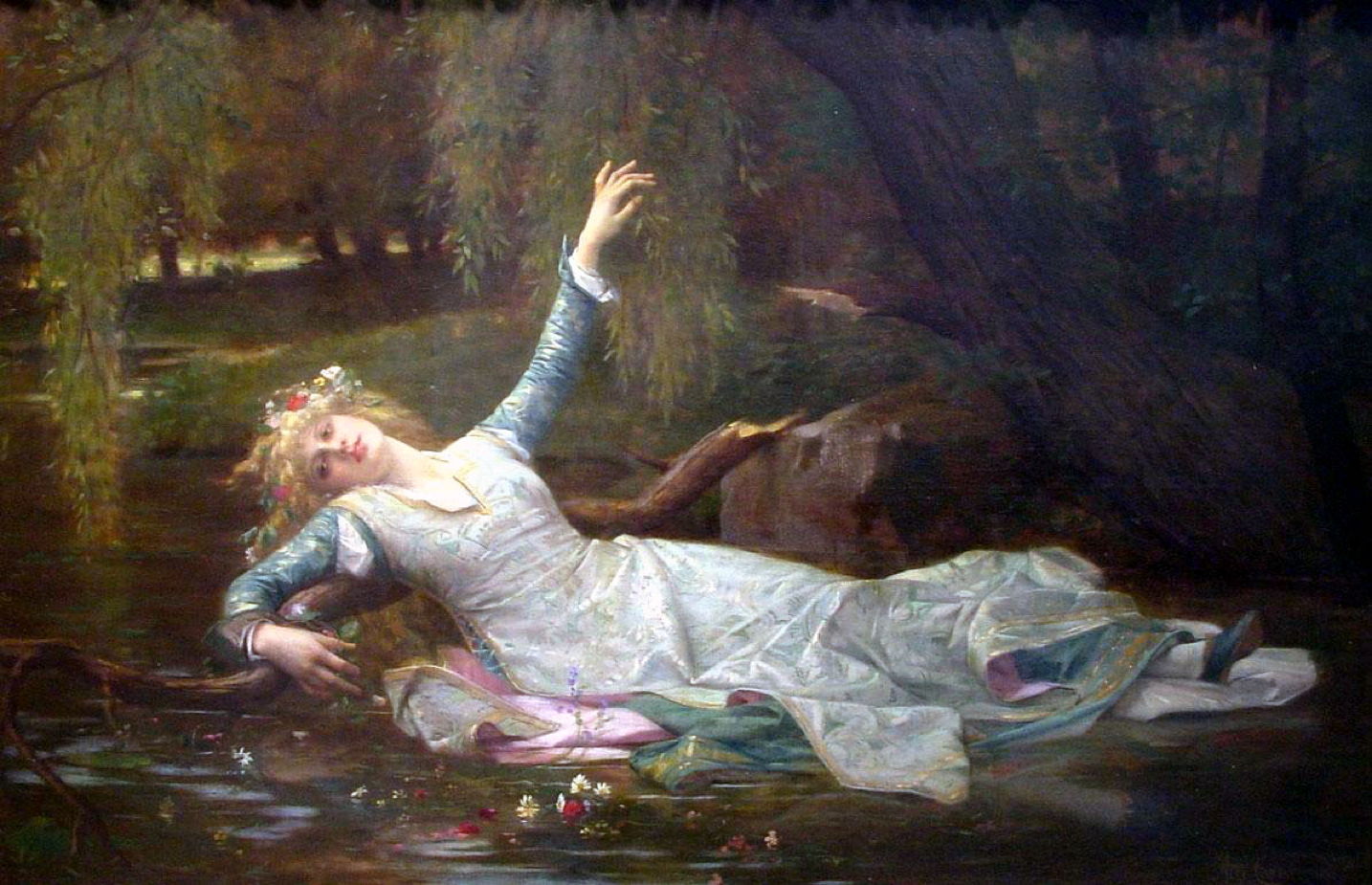 Alexandre Cabanel's Ophelia, featuring a woman stretching her arms to the sky